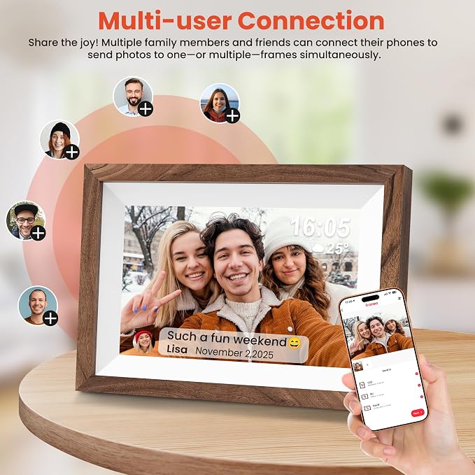 Frameo 10.1" Smart Digital Picture Frame with Walnut Moulding, 16:9 1280p HD IPS Touchscreen Display, 32GB Storage, MicroSD Slot, Plug-in Power, Easy Wireless Photo & Video Sharing, Idea