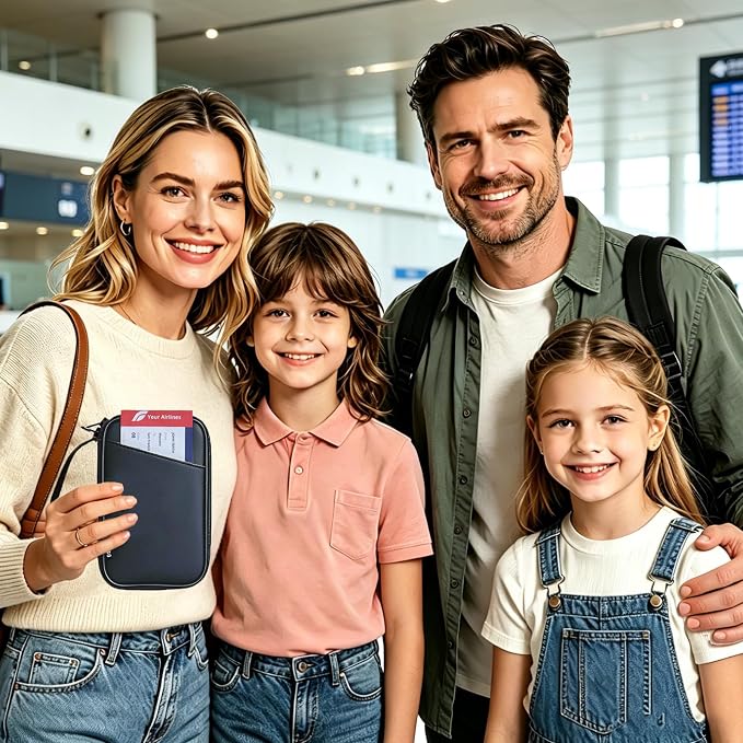 Lagre Family Passport Holder for 4, Solid Black | Multiple Passport Bag, RFID Blocking, Waterproof with Zipper, For Women & Men