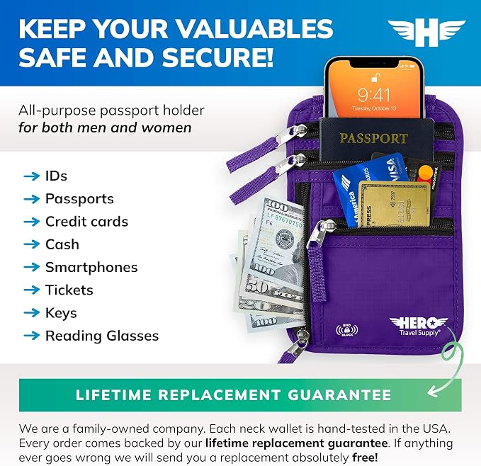 HERO Neck Wallet - RFID Blocking Passport Holder, Easy to Conceal Travel Pouch (Purple)