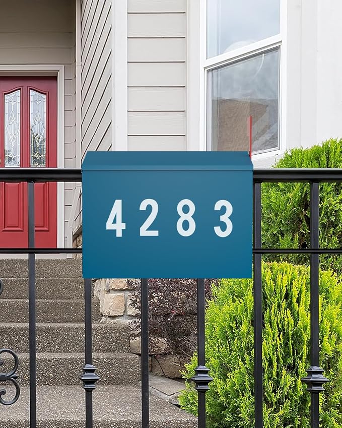 LAND·VOI Wall-Mount Mailbox with One Flag Kit and Three Sets of 0-9 Mailbox Number Stickers, Mailboxes for Outside, Galvanized Steel Rust-Proof Metal Post Box, 4.33" Dx14.2 Wx10.43 H, Blue