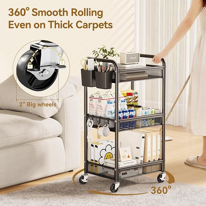 3 Tier Metal Rolling Cart, Black Utility Storage Cart with Wheels | Metal Mesh Craft Cart With Hooks & Hanging Cups, Ideal For Kitchen, Bathroom, Office, Dorm, Art Workspace, Bedside Storage