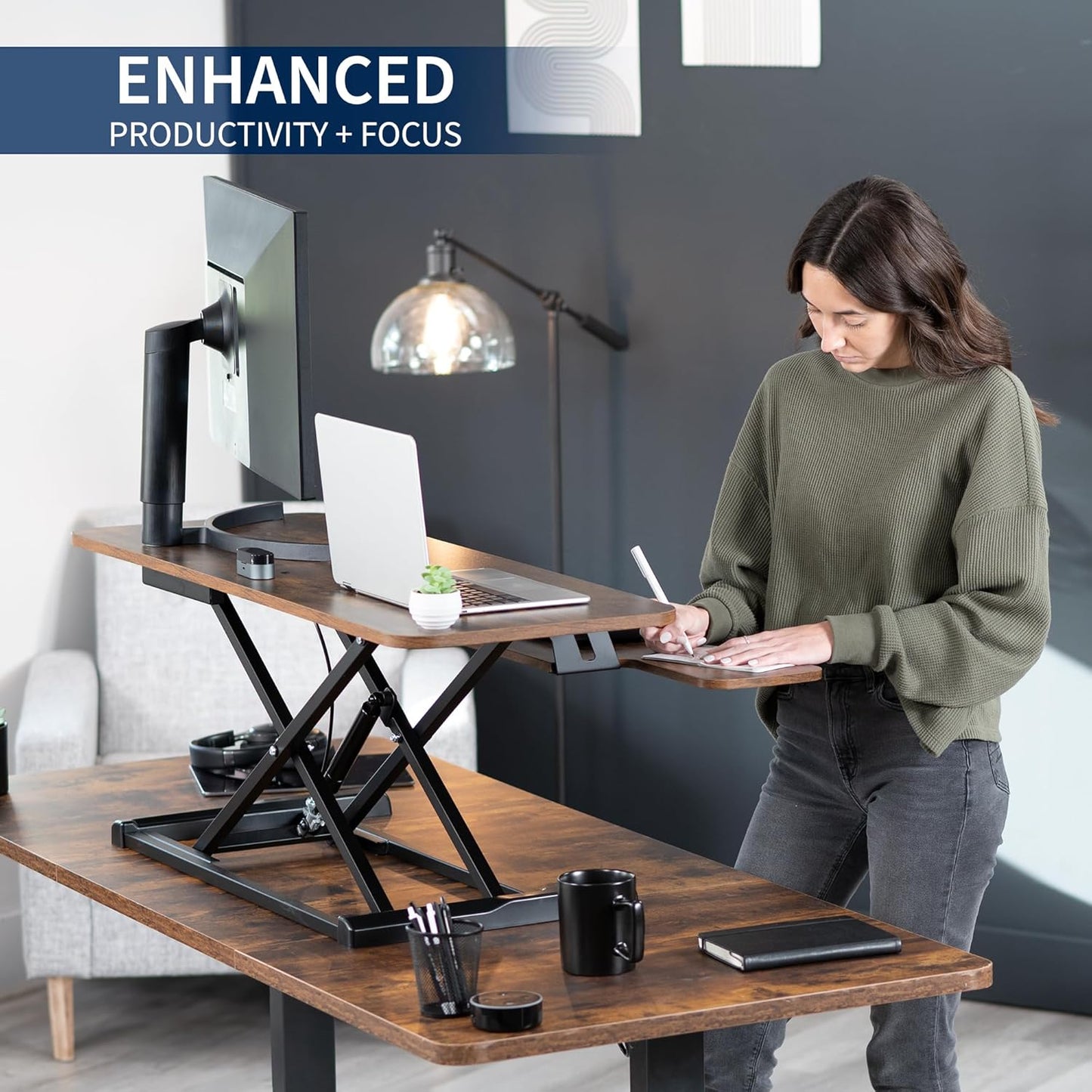 VIVO 42 inch Desk Converter, K Series, Height Adjustable Sit to Stand Riser, Dual Monitor and Laptop Workstation with Wide Keyboard Tray, Rustic Vintage Brown Top, Black Frame, DESK-V042KN