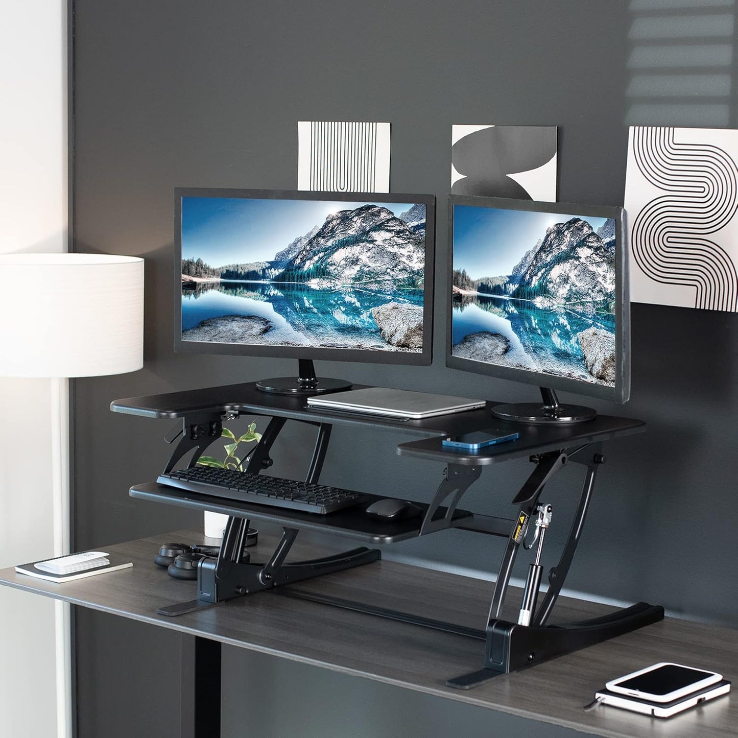 VIVO 36 inch Height Adjustable Stand Up Desk Converter, V Series, Quick Sit to Stand Tabletop Dual Monitor Riser Workstation, Black, DESK-V000V