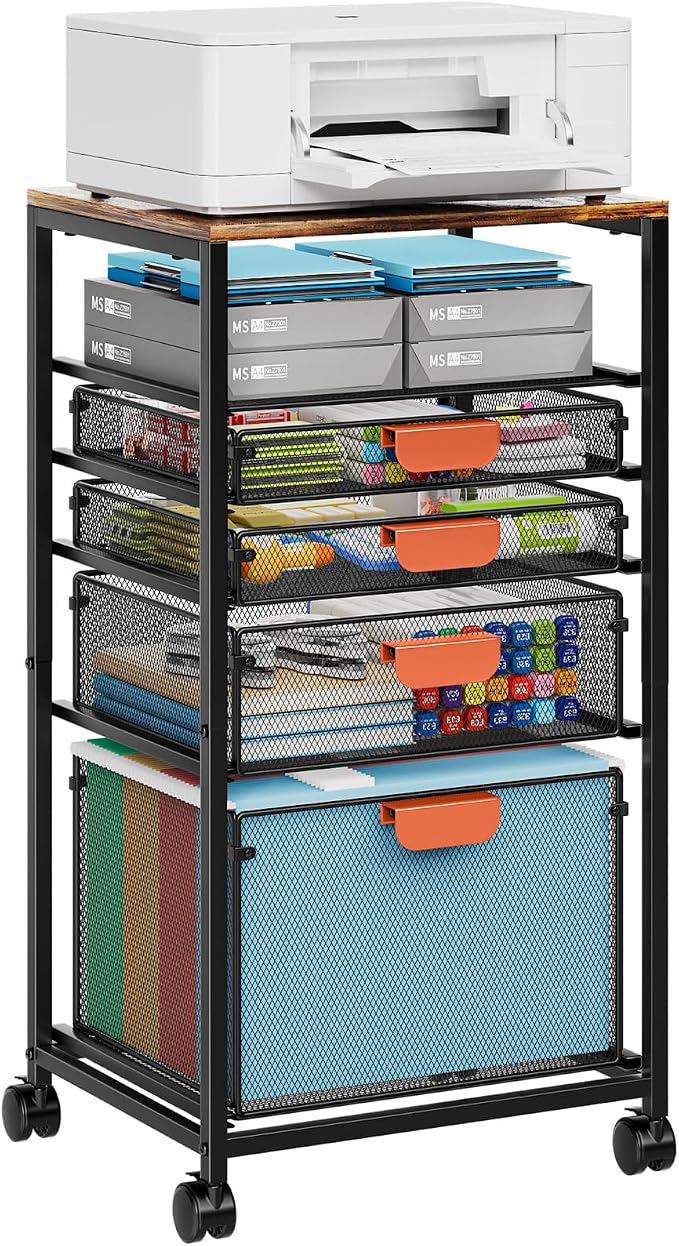 Marbrasse Rolling File Cart with 4 Storage Drawers, Mobile File Cabinet on Lockable Wheels, Hanging Filing Cabinet Organize, Under Desk Utility Cart for Home Office - Dark Brown
