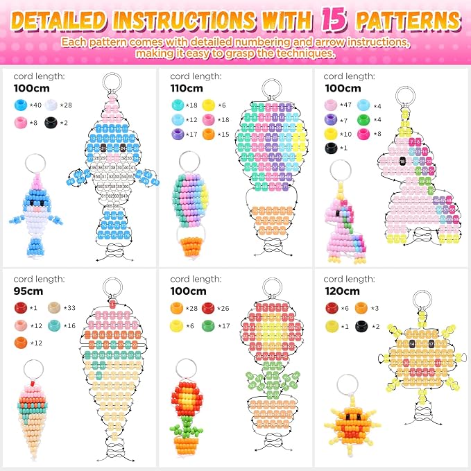 Funtopia Pony Beads Kit for Keychain Making, mini Pony Bead Pets for Kids Beginners，Includes Instructions for 15 Cute Designs and Storage Box, Kids Craft Kit for Rainy Day Group and Family Activities
