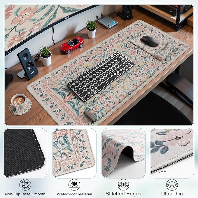 iCasso Mouse Pad with Wrist Rest, Ergonomic Large Desk Mat Set, Pink | Keyboard Pad with Wrist Support, Non-Slip Mouse Mat for Women, Cute Floral Computer Mat for Home Office Gaming