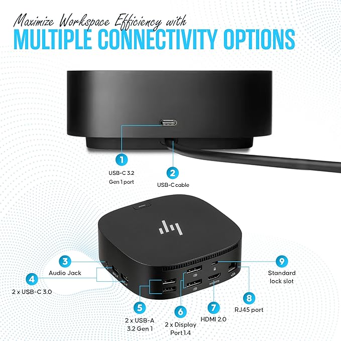 HP Docking Station for Laptop Dual Monitor and Charging - 5TW10AA / 5TW10UT / 5TW10AA#ABB USB-C G5 Dock with 120W + HDMI Cable + DisplayPort Cable (5TW10AA#ABB Renewed)