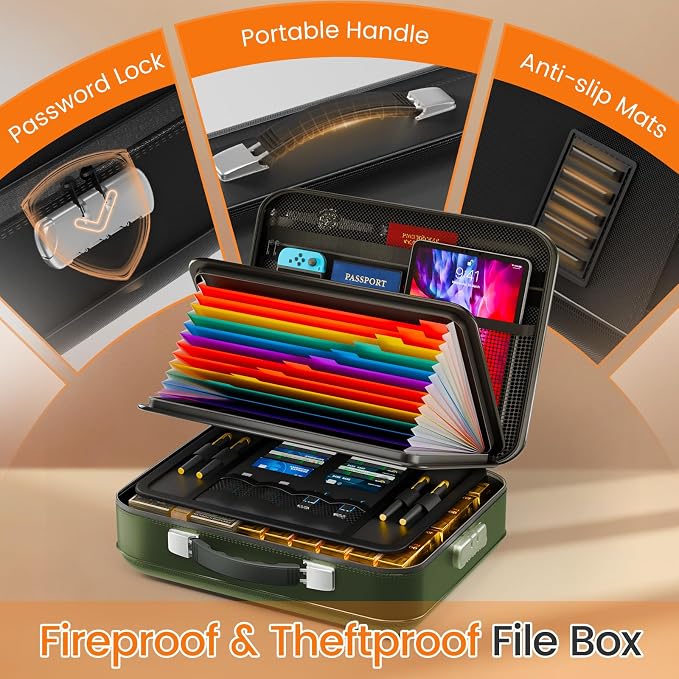 Fireproof Document Box with Lock, 5200°F Fireproof Water Resistant Hard Case File Organizer Safe Box for Important Documents, Certificates, Laptop, Passports (Green)