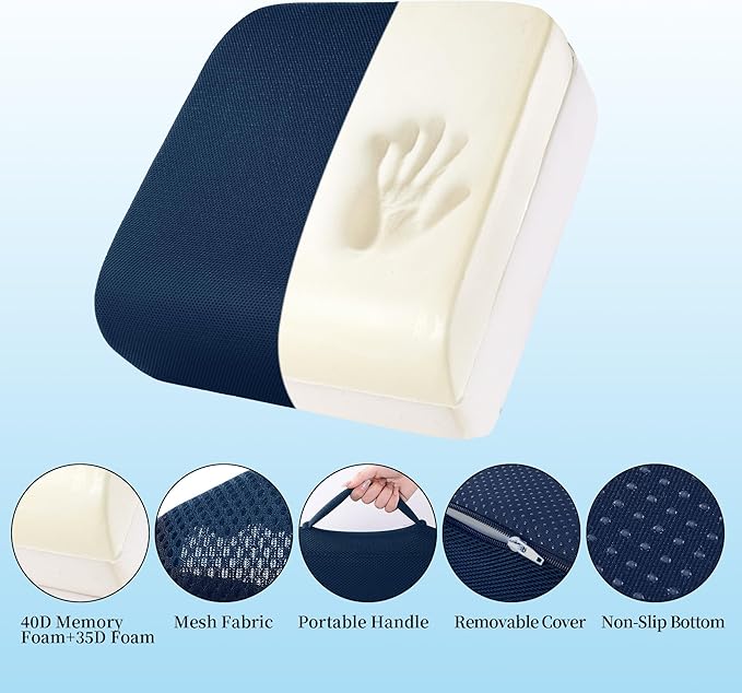 MABOZOO Extra Thick Chair Cushions, Office Chair Booster Seat Cushion to Raise Seat Height for Pain Relief,18 x 16 x 6 inch Non Slip Memory Foam Thick Cushion with Carry Handle（Navy Blue）