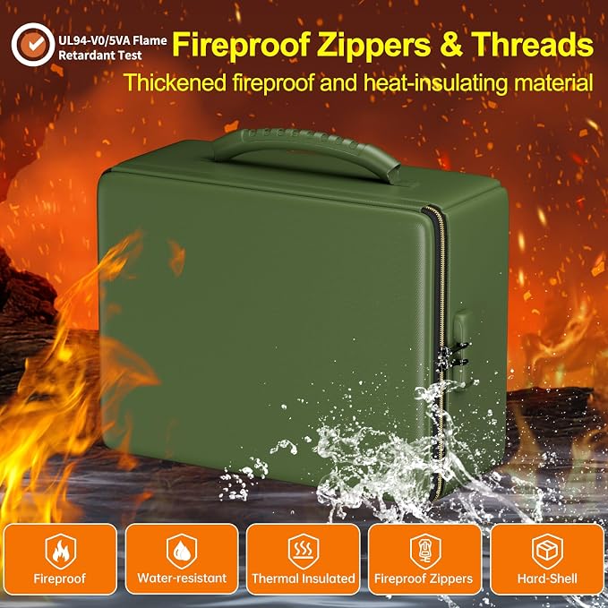 ENGPOW Fireproof Document Box, Hard Fireproof Box with Fireproof Zipper＆Lock, 6400°F Heat Insulated Fireproof Water Resistant File Organizer Storage Box Safe for Important Documents,Valuable,Green