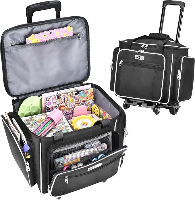 CAB55 Rolling Craft Bag, Tote Bag with Wheels for Women, Rolling Teacher Bag with Removable Folding Hand Truck (Black)