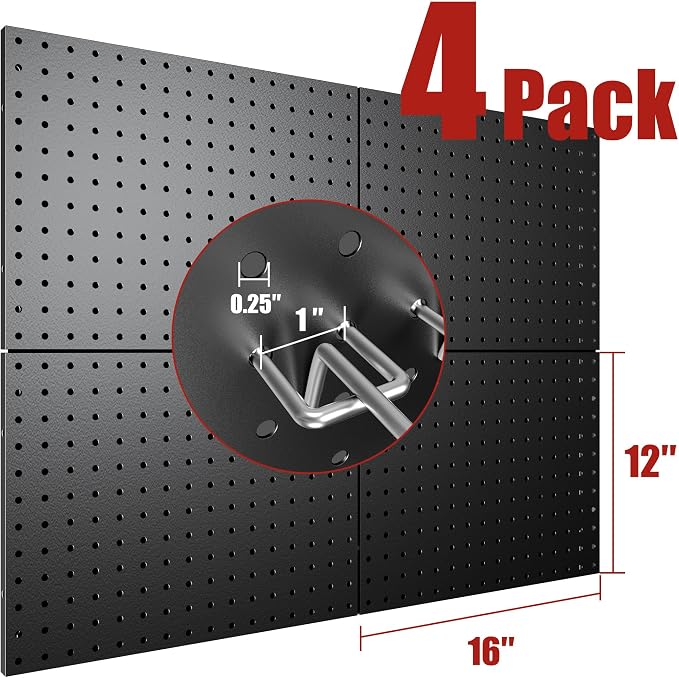 Heavy Duty Peg Board, 4 Pack Metal Pegboard Panels with 50 Hooks | Black Pegboard Organizer - Wall Mount Storage System for Garage and Garden Tools, Workbench, Office & Home Organization