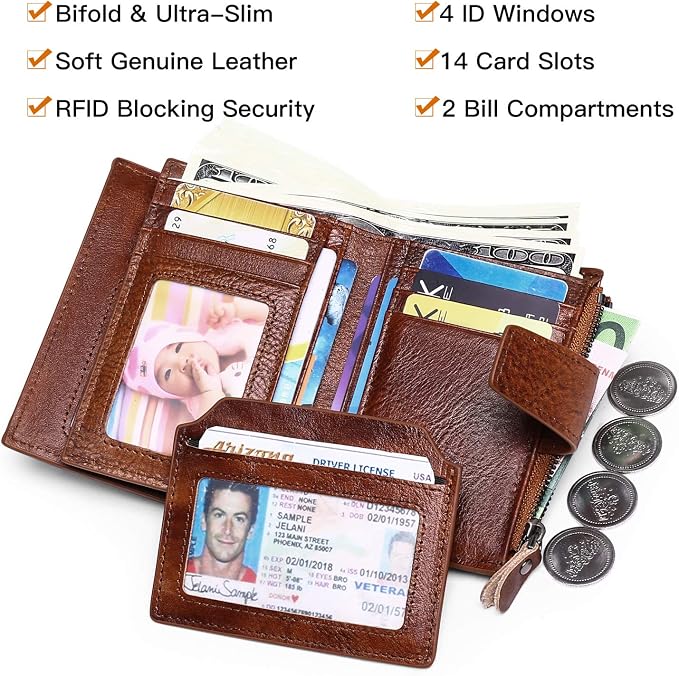 Wallet for Men Genuine Leather RFID Blocking Mens Wallet with Zipper Coin Pocket ID Window