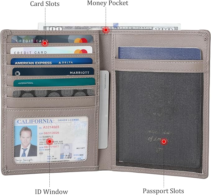 Polare Luxury RFID Blocking Leather Passport Holder Travel Wallet For Men and Women (Grey with AirTag Slot)