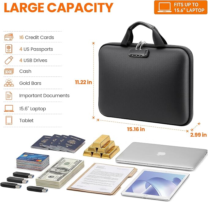 TILYMOL Fireproof Document Box (5200℉) with Upgraded Heat Insulated Layers | Hardshell Fireproof File Organizer with Lock and 13 Pockets Accordion File Folder, Portable for Home Office Travel Storage