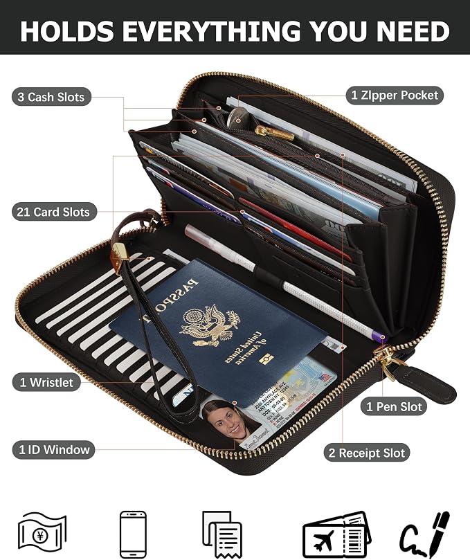 Large Travel Wallet for Women | RFID Blocking Zipper Wallet,Passport Holder Clutch with Wristlet