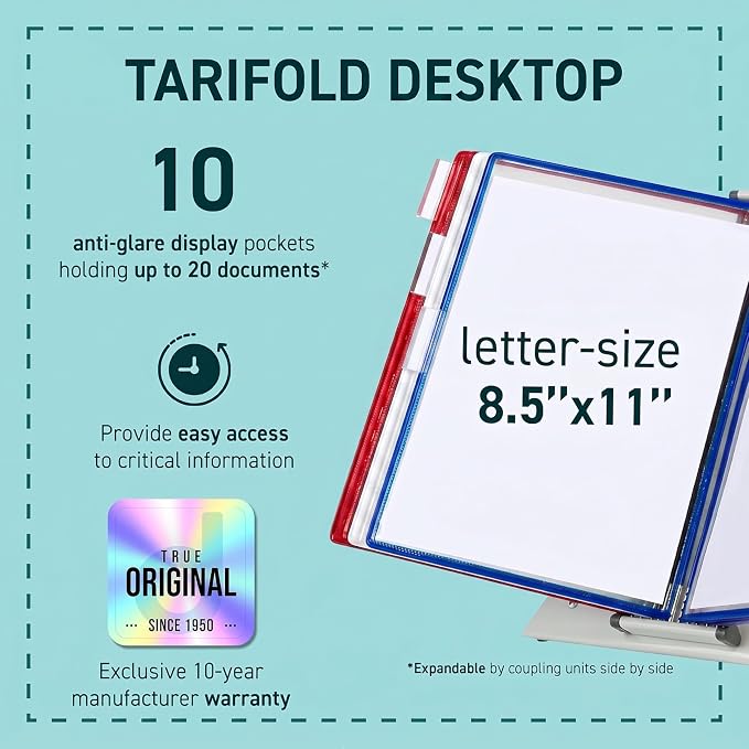 Tarifold Desktop Reference Display System, 10 Pockets, Expandable, Blue | 10 double-sided PVC pockets hold 20 letter-size sheets, sturdy metal base, quick-find indexing, easy to assemble