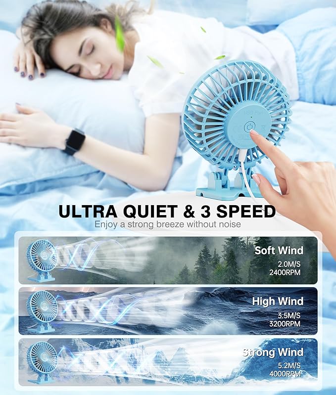 JZCreater USB Desk Fan, Mini Fan Portable, 3 Speeds Desktop Table Cooling Fan, Plug in Power Fan, Rotation Strong Wind, Quiet Personal Small Fan for Home Desktop Office Travel Bedroom, Blue