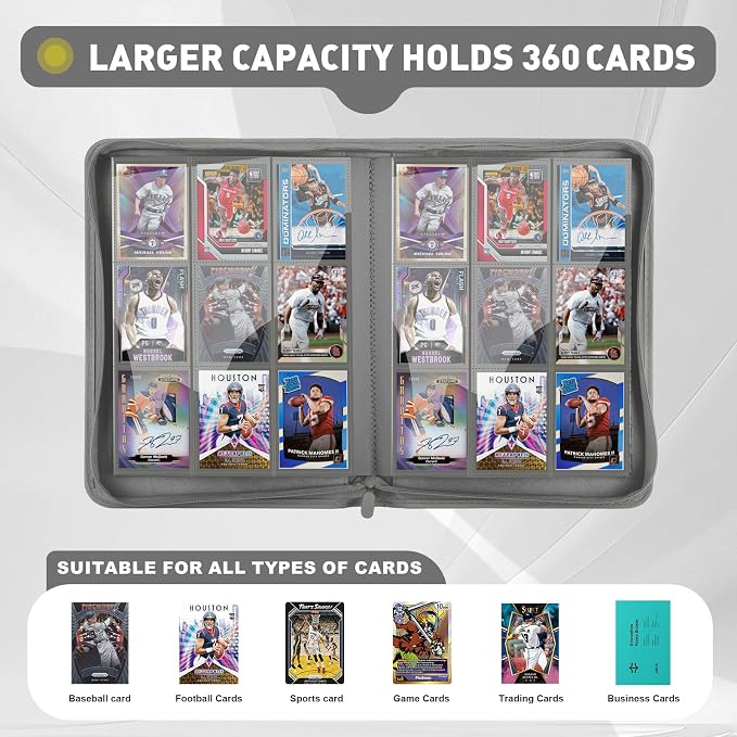 Trading Card Binder 9 Pocket, 360 Pockets Double-Sided Card Album, Premium PU Leather Zipper Card Holder for MTG, TCG, Sports & Game Cards, Must-Have for Collectors（Gray）