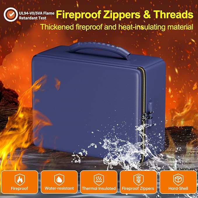 ENGPOW Fireproof Document Box, Hard Fireproof Box with Fireproof Zipper＆Lock, 6400°F Heat Insulated Fireproof Water Resistant File Organizer Storage Box Safe for Important Documents,Valuable,Blue