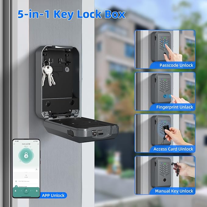 Smart Lock Box, Fingerprint Key Lock Box with Tuya APP Control, IP66 Waterproof Bluetooth Electronic Lock Box, 5-Way Unlock Wall Mounted Key Safe for Home Office Realtor