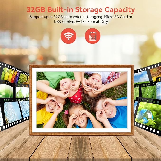 Frameo 10.1" Digital Picture Frame with 32GB Memory WiFi Electronic Photo Frame Wood HD Touch Screen Auto-Rotate Slideshow Wall Mountable Share Photos/Video Remotely Anywhere(Warm Wood)