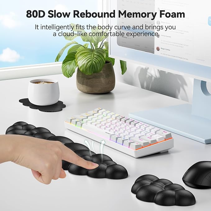 TECKNET Cloud Keyboard Wrist Rest Set, Cloud Wrist Rest with Non-Slip Base, PU Leather Wrist Pad for Keyboard with Ergonomic Memory Foam for Computer Laptop Office Gaming and Pain Relief, Black