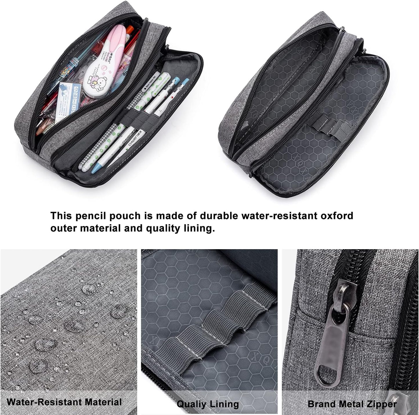 Big Capacity Pencil Pen Case Nylon Large Pencil Pouch Simple Stationery Bag Office Organizer Pen Bag for Men Women - Grey