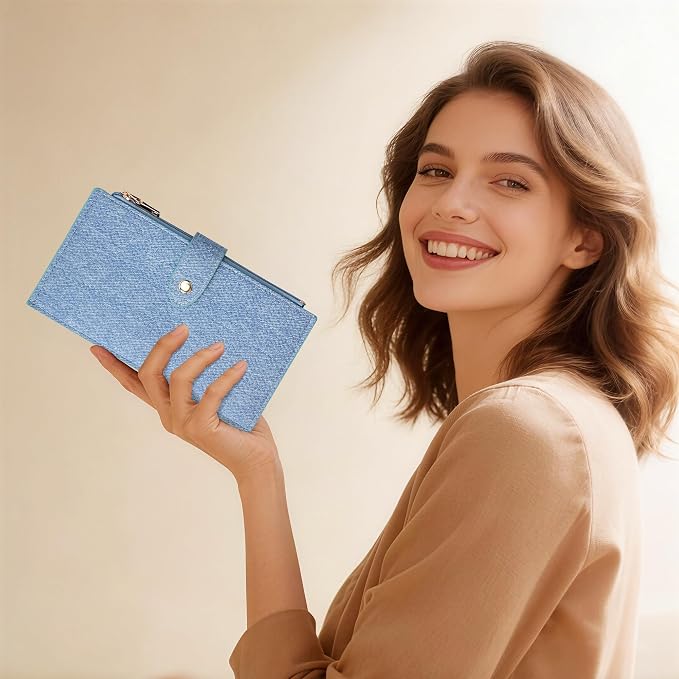 Travelambo Womens Leather Bifold Wallet, Slim RFID Blocking Card Holder | Large Capacity, 16 Card Slots & ID Window, 2 Zipper Pockets, Dual Snap Closure, Slim Lightweight, RFID Privacy Protection