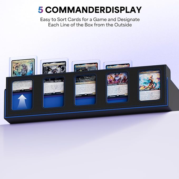 UAONO Trading Card Storage Box with Commander Display;3900+ Card Box for MTG, Removable Cover; 5 Row Case fits MTG TCG Sports Cards 48 Dividers,5 Stoppers,5 Top Loaders,1 Dice Box(Black, Blue)