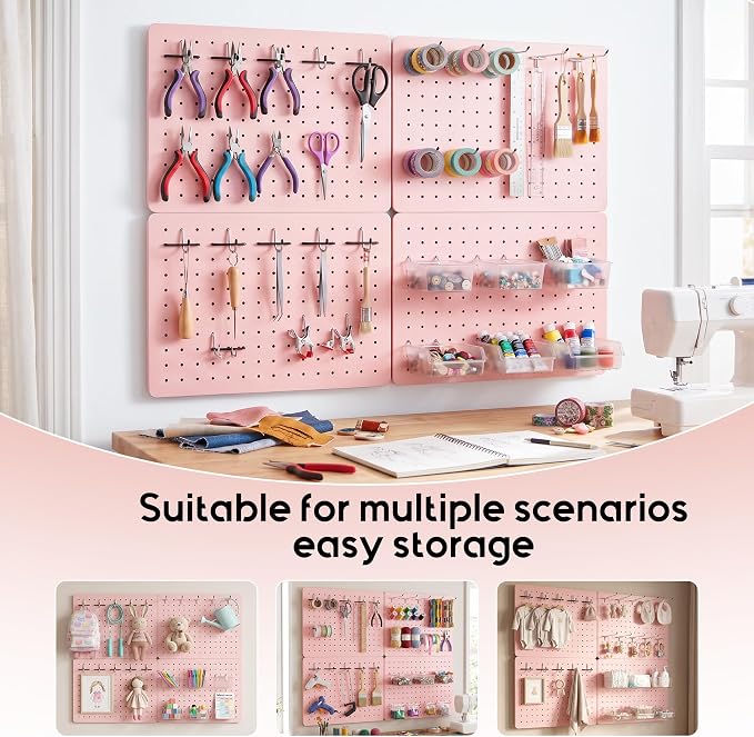 Pegboard Organizer Kit, 4 Pack 12 x 16 in Steel Panels with 6 Bins, Pink | 6 clear storage bins organize screws and small parts; 36 hooks and 30 peg locks keep garage tools sorted and easy to reach.