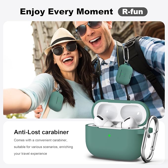 R-fun for AirPods Pro 2 Case, Soft Silicone Protective Cover with Keychain and Cleaning Pen, Compatible with AirPods Pro 2nd/1st Generation, Supports Wireless Charging, Pine Green
