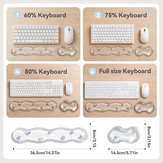 Clear Gel Wrist Rest for Keyboard and Mouse, Ergonomic Non-Slip Silicone Mouse Wrist Rest Set, Soft Comfort for Typing & Gaming Wrist Pain Relief, Fits 60%/68%/75% Keyboards (Sea Animal)