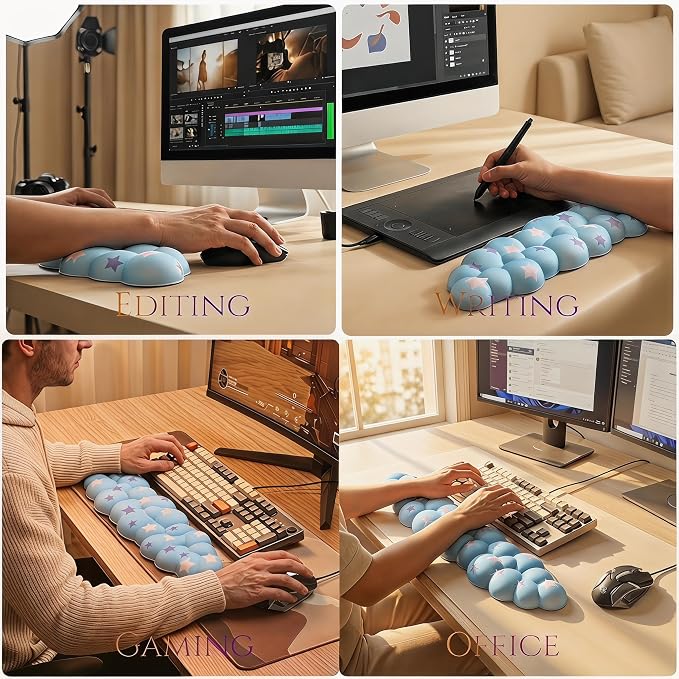 Cloud Wrist Rest Set for Keyboard & Mouse, 16.9", Blue Colorful Star | Memory Foam Arm Rest with Ergonomic Support Fits Full Keyboards and Reduces Typing Fatigue for Office, Gaming and Home Use