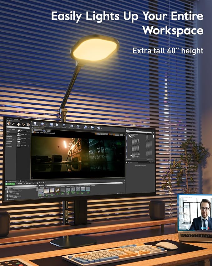 Tall LED Desk Lamps with Base, Edge-Lit Eye-Care, 50 Light Modes | 40" Height, Dimmable & Flexible, CRI>97.8, Memory and Timer Func, Stable Metal Base for Home Office, Video Calls & Drafting
