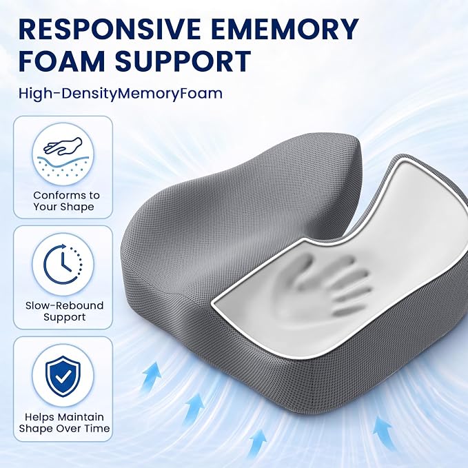 CJACSOC Seat Cushion, Extra Large Memory Foam Cushion for Office Chair Cushions, Ergonomic Cushions Pad Pillow for Pressure Relief Sciatica & Pain Relief for Long Sitting, Grey