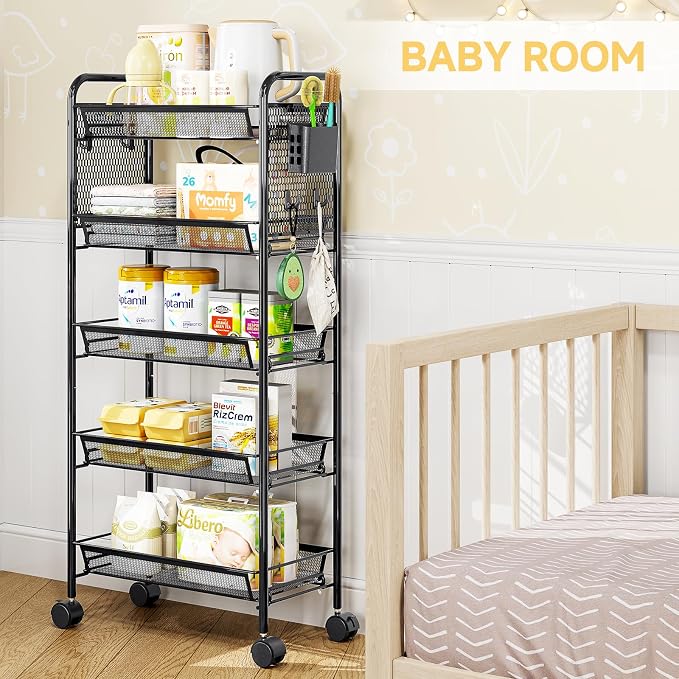 KINGRACK 5 Tier Rolling Cart, Metal Utility Storage Cart with Pegboard | Screwless Assembly, Lockable Wheels, 4 Hooks & 1 Bin, Mobile Organizer for Bathroom Kitchen Office Craft Room Laundry, Black