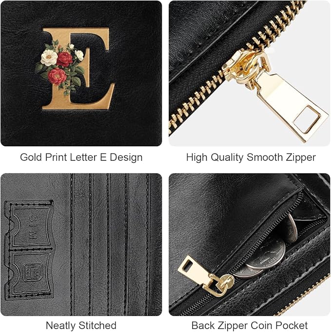 Passport Holder for Travel Personalized Wallet with Wristlet Women | Passport Cover, RFID Blocking, Passport Book Holders, Back Coin Pocket, Zipper Closure, Roses Initial Letter, Black E
