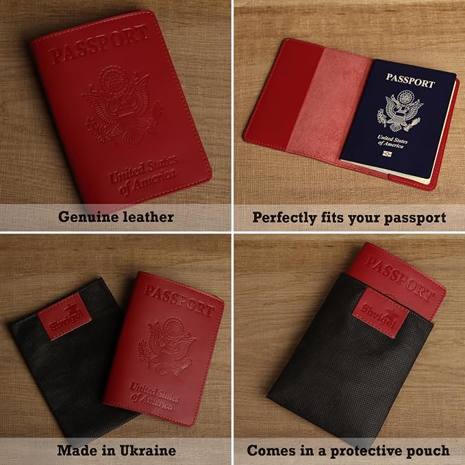 US Leather Passport Book Cover - Thin American Travel Passport Holder - Premium International USA Passport Protector Case for Women Men (Red)