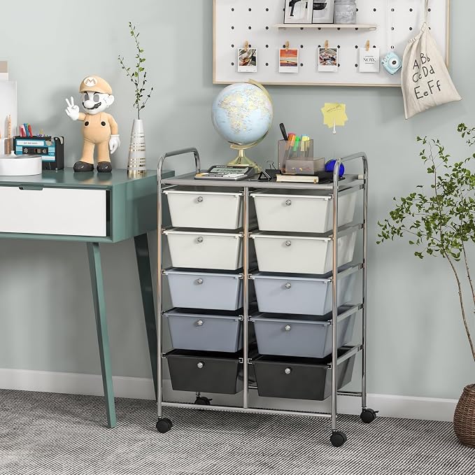 COSTWAY 10 Drawer Rolling Storage Cart, Utility Cart with Lockable Wheels | Mobile Art Supply Craft Organizer with Metal Frame, Multipurpose Drawer Cart for Paper for Office, School, Gray Gradient