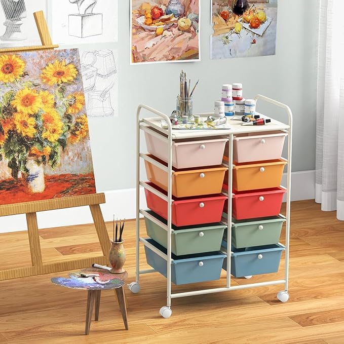 10 Drawer Rolling Cart, Storage Cart Organizer on Wheels, Drawer Cart with Metal Frame & Large Storage Capacity, Rolling Cart with Drawers for Living Room Classroom, Office