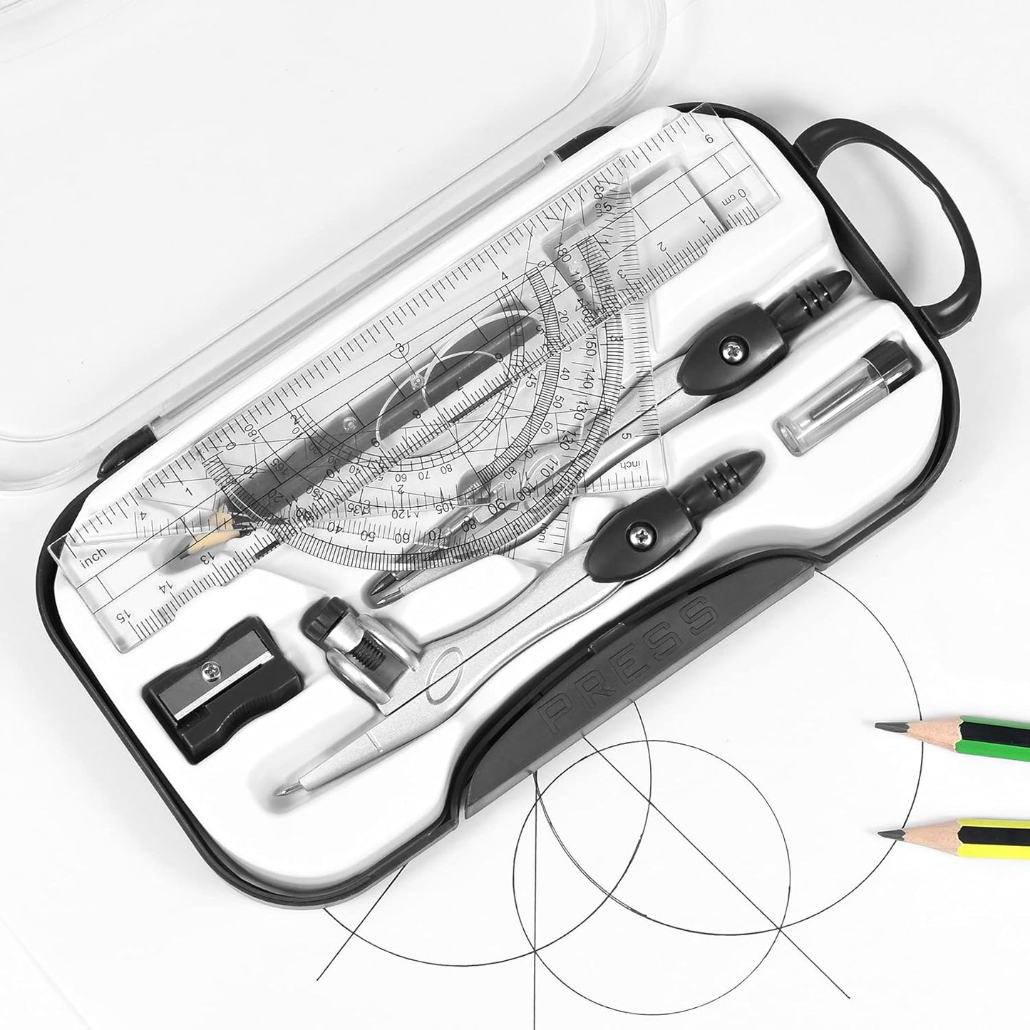 10 Pieces Math Geometry Kit Set Student Supplies with Shatterproof Storage Box,Includes Rulers,Protractor,Compass,Eraser,Pencil Sharpener,Lead Refills,Pencil,for School and Drawings（Black）