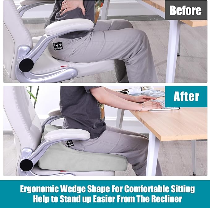 HOMBYS Wedge Recliner Seat Cushion for Long Sitting Chair, Cushion for Elderly Esay to Get Up,5" Thick 20"x20" Large Pressure Relief Seat Cushion for Recliner, Office, Car, Velvet & Foam,Light Grey