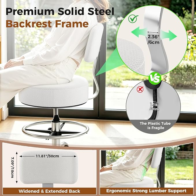 Office Drafting Chair with Footrest, Tall Height Adjustable Stool with Back Support, Heavy Duty Rolling Stool Chair with Wheels for Office Home Kitchen Bar Shop Guitar Studio Vanity, Gray