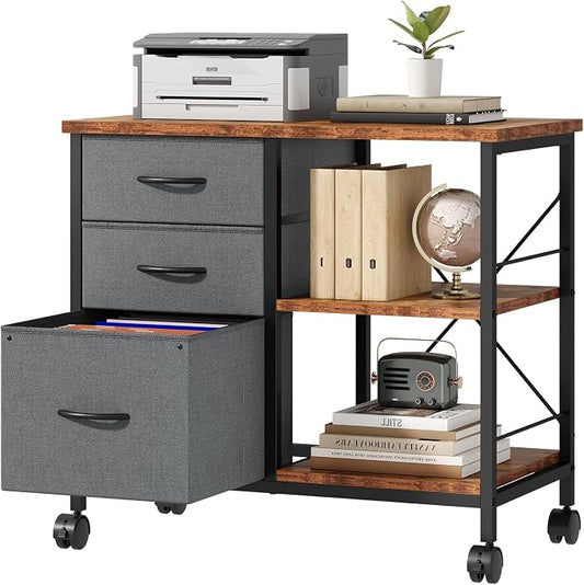 DUMOS 3 Drawer Mobile File Cabinet, Rolling Printer Stand with Storage | Fabric Lateral Filing Cabinet fits A4/Letter Size, Under Desk Drawer Cabinet, Printer Cart for Home Office, Gray