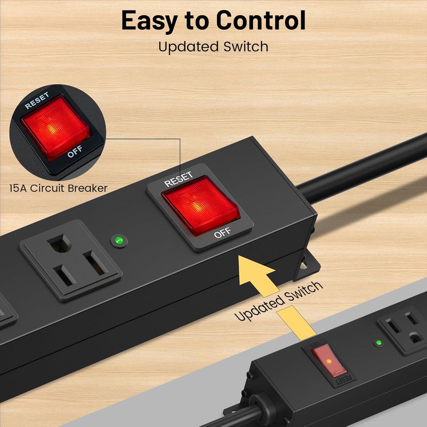 KF 6 Outlet Metal Wall Mount Power Strip, 2100J Surge Protection Heavy Duty Power Strip, 15A/1875W Mountable Power Strips with Upgraded Switch, 14AWG 12FT Power Cord