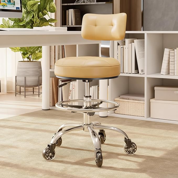 Office Drafting Chair with Footrest, Tall Height Adjustable Stool with Back Support, Heavy Duty Rolling Stool Chair with Wheels for Office Home Kitchen Bar Shop Guitar Studio Vanity, White
