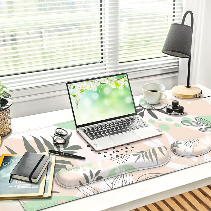 Gimars 4 in 1 Mouse Pad and Keyboard Wrist Rest Set, Large Mouse Pad with Memory Foam Wrist Support Pad for Desk with Coaster, Easy Typing Pain Relief, Gaming Office Home 31.5x12 inch, Morandi Beige
