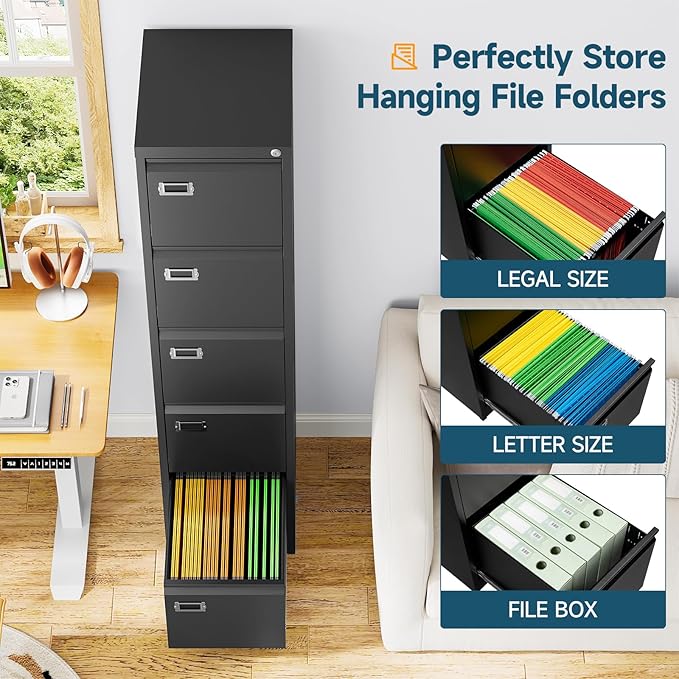 MIIIKO 5 Drawer File Cabinet, Black Vertical Filing Cabinets with Lock, Home Office File Folders Storage Cabinet for Letter Legal File Size.