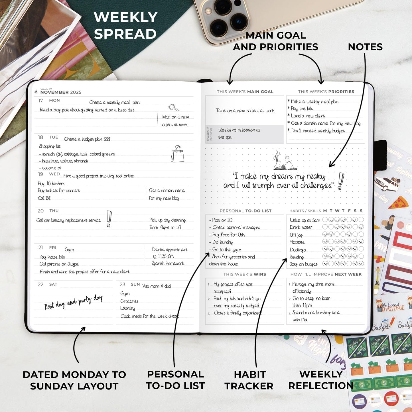 Clever Fox Dated Planner Premium 2025 – Weekly Agenda for Planning & Time Management –Notebook with Habit Tracker & To-do List (Black)